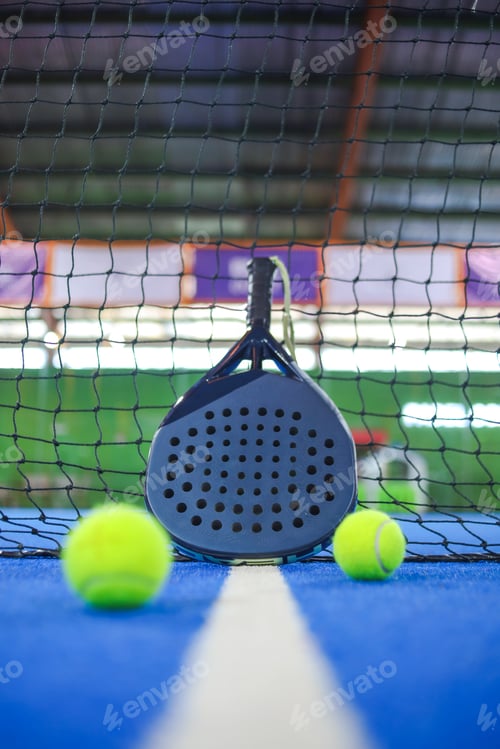 Preview: Padel Racket Stands Upright Against A Mesh Net On A Textured Court Surface Framed By Two Spheres