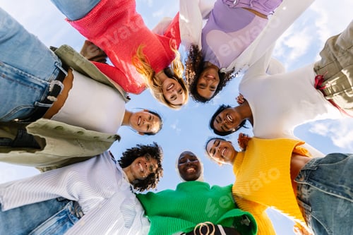Preview: Happy group of diverse young women forming circle outdoors