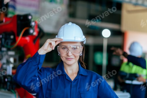 Preview: A beautiful engineer controls an automated robotic arm in a smart factory. Welding robots in industr