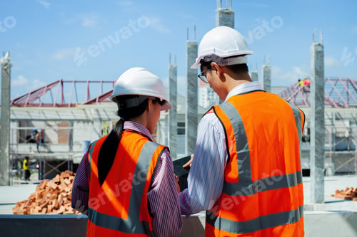 Preview: Behind two engineers inspecting the construction building. Construction quality inspection. workers,