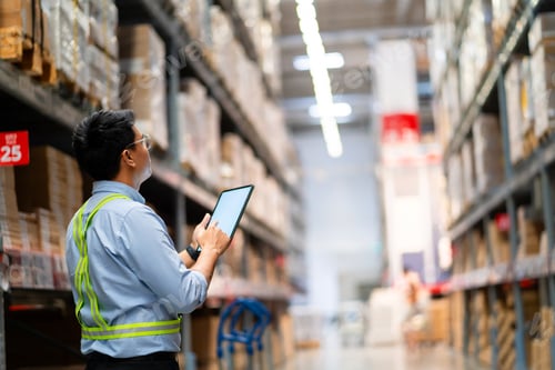 Preview: Warehouse worker in security uniform with tablet computer looking at merchandise in large warehouse