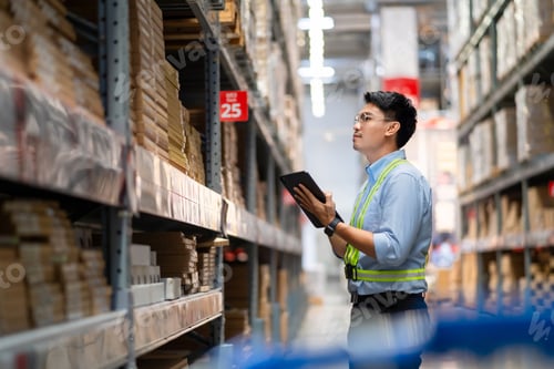 Preview: Warehouse worker in security uniform with tablet computer looking at merchandise in large warehouse