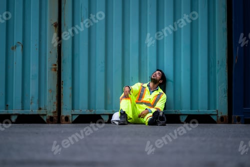 Preview: The worker or engineer sitting near the container looks exhausted and unemployed. unemployment crisi