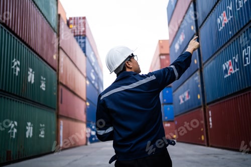Preview: A man in a blue jacket and a white helmet is standing in a warehouse. He is holding a tablet in his