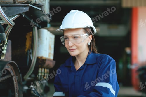 Preview: A female engineer wearing uniform with a white hat. Remote monitoring and control of robotic arm we