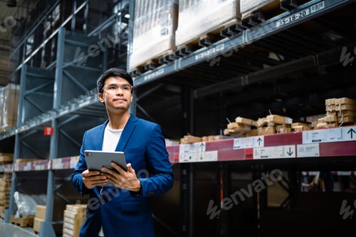 Preview: A male inventory manager rejoices in the background stock of parcels with products ready for deliver