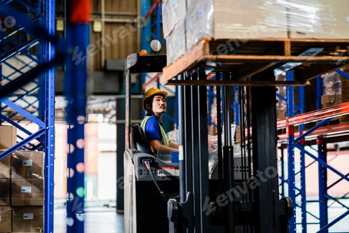Preview: Warehouse Inspector Checking Cargo Near Forklift. Quality Inspection, Warehouse Safety, Inventory V