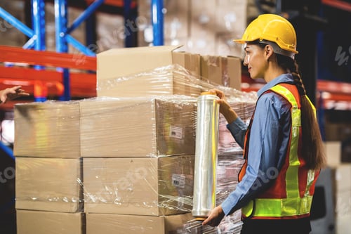 Preview: Worker Wrapping Boxes in Stretch Film in Warehouse. Stock Warehouse Logistics Concept.