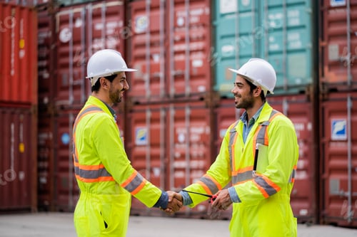 Preview: Caucasian workers and engineers working at container yard. logistic in cargo freight ship for import