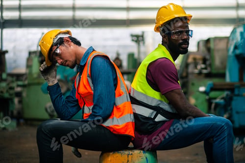 Preview: workers or technicians in an industrial plant. Feeling stressed and tired from work. Feeling Stresse