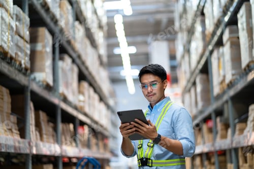 Preview: A man wearing a safety vest and glasses is standing in a warehouse, looking at a tablet. He is focus