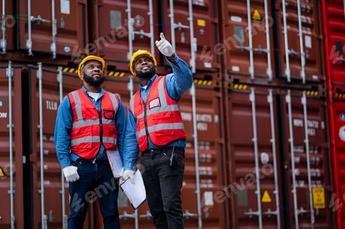 Preview: Two African engineers Supervising loading containers from cargo ships. logistics yard business Impor
