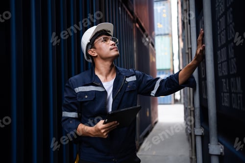 Preview: Portrait of a foreman or male engineer Working in container shipping industrial warehouse, logistic
