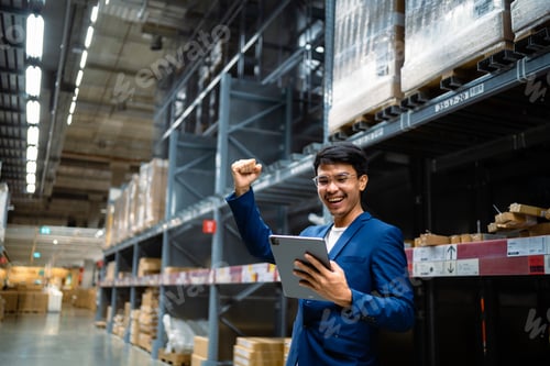 Preview: concept of success. Businessman in a large warehouse. Smile of a warehouse worker. An online store o