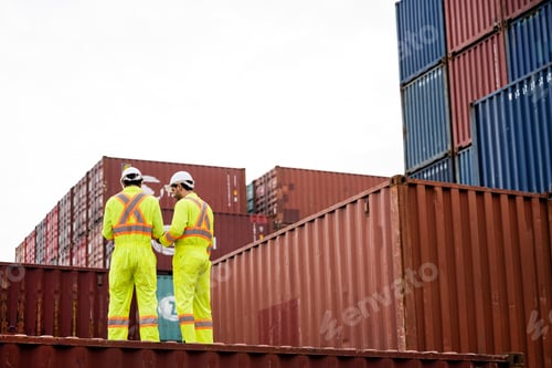 Preview: Concept of working in a container terminal. Engineer or port worker in safety vest doing safety insp