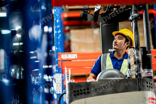 Preview: Forklift Operator Working in High Rack Warehouse Environment. Warehouse Logistics, Material Handlin