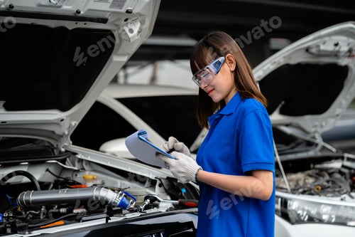 Preview: A female mechanic checking vehicle safety in a car service center. Woman mechanic fixing engine. Con