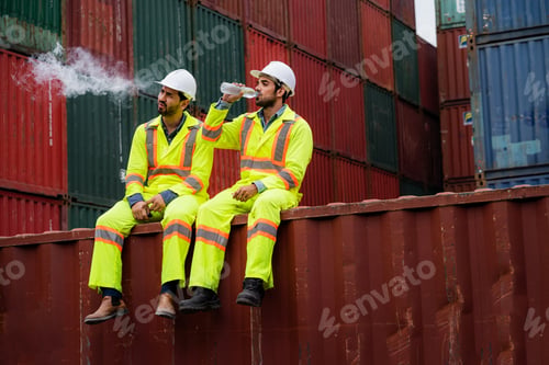 Preview: Two tired male container workers sitting and resting while taking a break at work. Container backgro