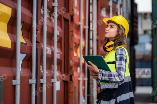 Vorschau: Schöne Arbeiterin, die in einem Sicherheitsanzug in einem Hafenlager arbeitet. Sicherheitscheck in Port Warehou