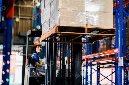 Preview: Warehouse Inspector Checking Cargo Near Forklift. Quality Inspection, Warehouse Safety, Inventory V