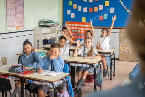 Preview: Elementary school students raising their hands to answer a question in classroom