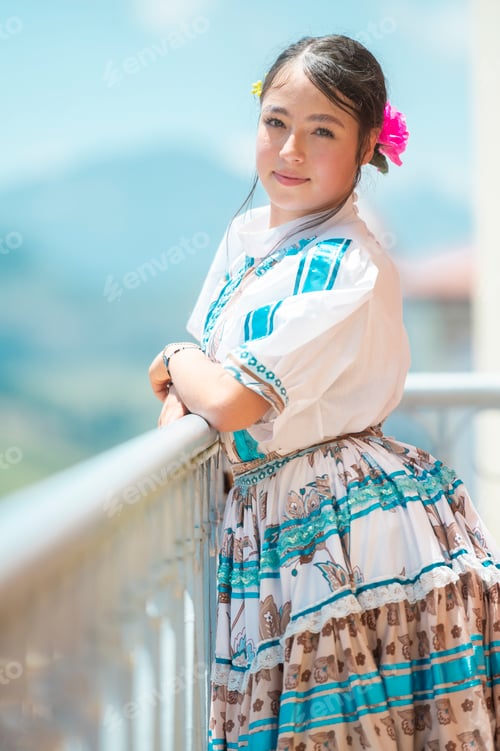 Preview: Colombian woman performing traditional dress in balcony