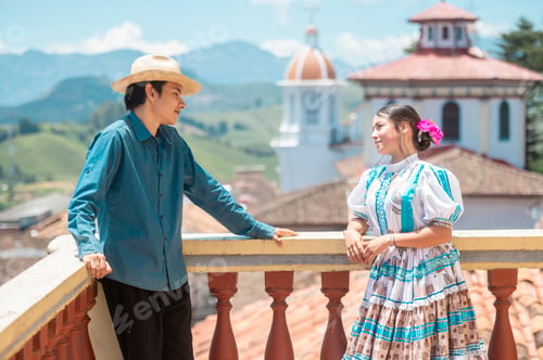 Preview: Colombian couple wearing regional costumes on balcony exploring culture