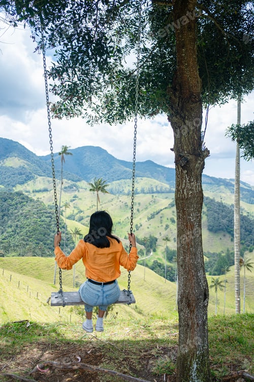 Preview: Tourist swinging on a swing in La Samaria Valley a wax palm Forest in Colombia