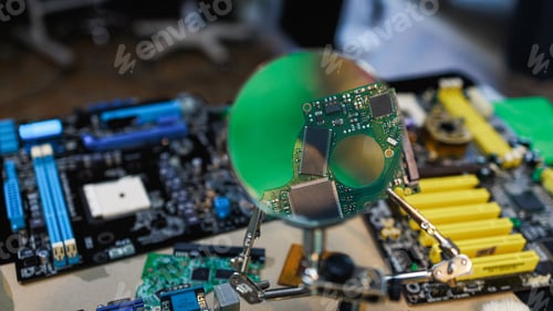 Preview: Close-up of a green circuit board held by a magnifier above computer motherboards on a workbench, sh