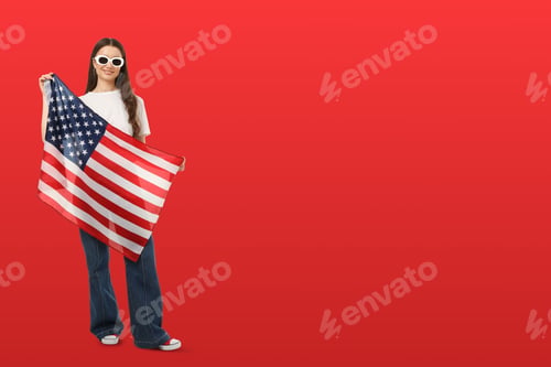 Preview: Woman holds flag in vibrant environment. Travel freedom and cultural expression concept