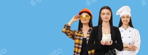 Preview: Woman in different jobs outfit on blue background, space for text