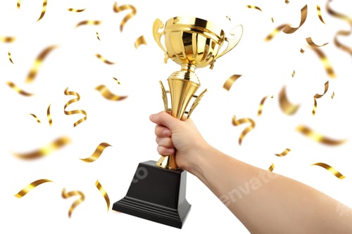 Preview: Trophy, Hand holds golden cup with confetti, on white