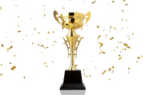 Preview: Trophy, Golden cup on black base, confetti nearby, on white