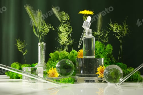 Preview: Setup with plants and glass containers holding skincare products