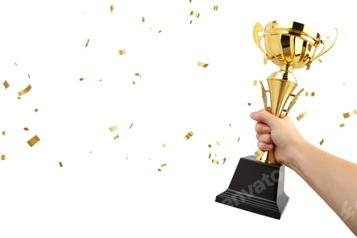 Preview: Trophy, Hand holding a golden cup with confetti flying, on white