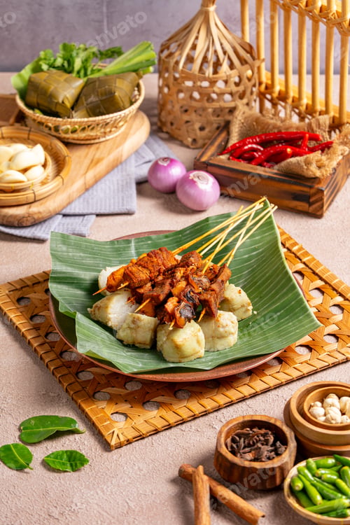 Preview: Traditional Indonesian Sate Padang with Rich Spicy Curry Sauce on Banana Leaf