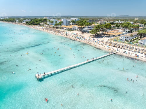 Preview: Aerial view of Playa de Muro sandy beach, sea in Mallorca, Spain