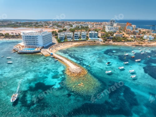 Preview: Aerial view of resort, stone pier, boats and yachts, sandy beach