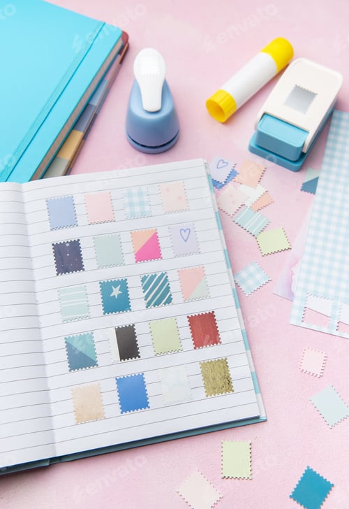 Preview: Scrapbook journal with decorative crafting paper punches creating diy stamps