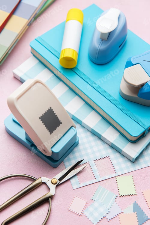 Preview: Crafting materials with paper punches and colorful notebooks