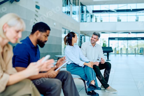 Preview: Diverse business people waiting interacting in office lobby