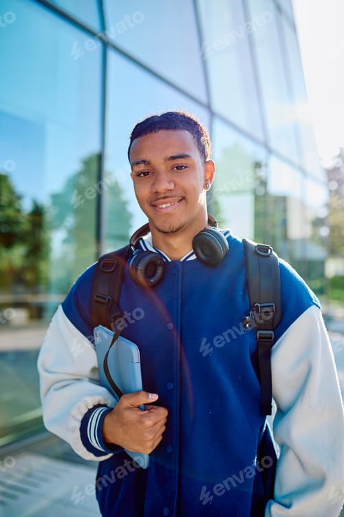Preview: Student smiling carrying tablet and headphones on campus