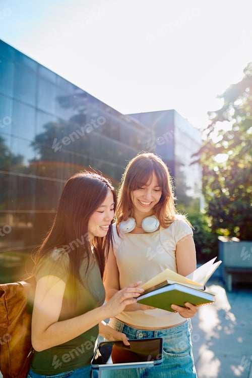 Preview: Diverse students cooperating studying together on campus