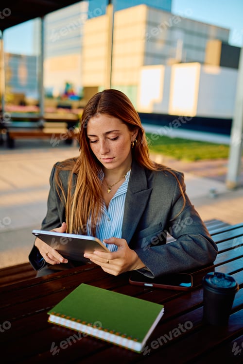 Preview: Businesswoman using tablet for remote work outdoors