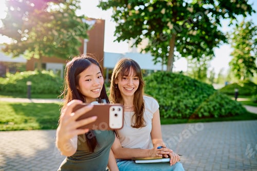 Preview: Diverse student friends smiling taking a selfie on campus