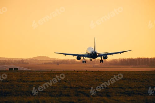 Preview: Silhouette of Commercial Airplane Landing on Airport Runway at Dusk