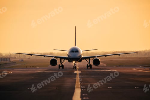 Preview: Front View of Airplane Taxiing on Airport Runway for Take off at Dusk