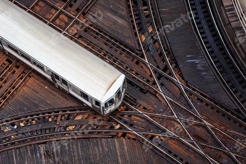 Preview: High Angle View of Commuter Train on Elevated Railway Track Junction in Downtown Chicago