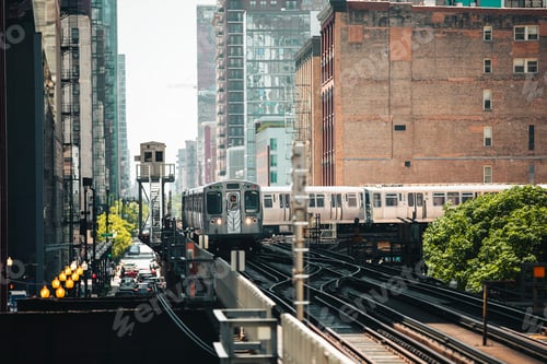 Preview: Train on elevated railway above busy street in downtown Chicago