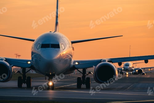 Preview: Line of Passenger Airplanes Taxiing on Airport Runway at Dusk